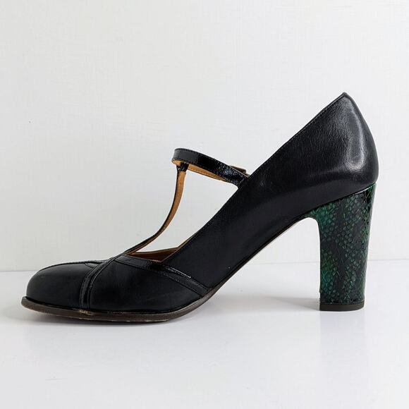 Chie Mihara T-Strap Heels 40 Black Green Snakeskin Accent Retro Glam Pinup Shoes - Picture 9 of 15